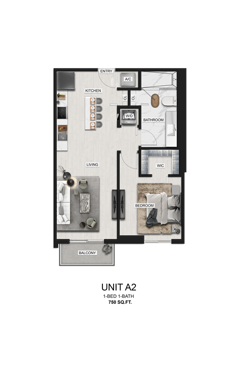 Floor plan for 1 bed, 1 bath, 750 sqft